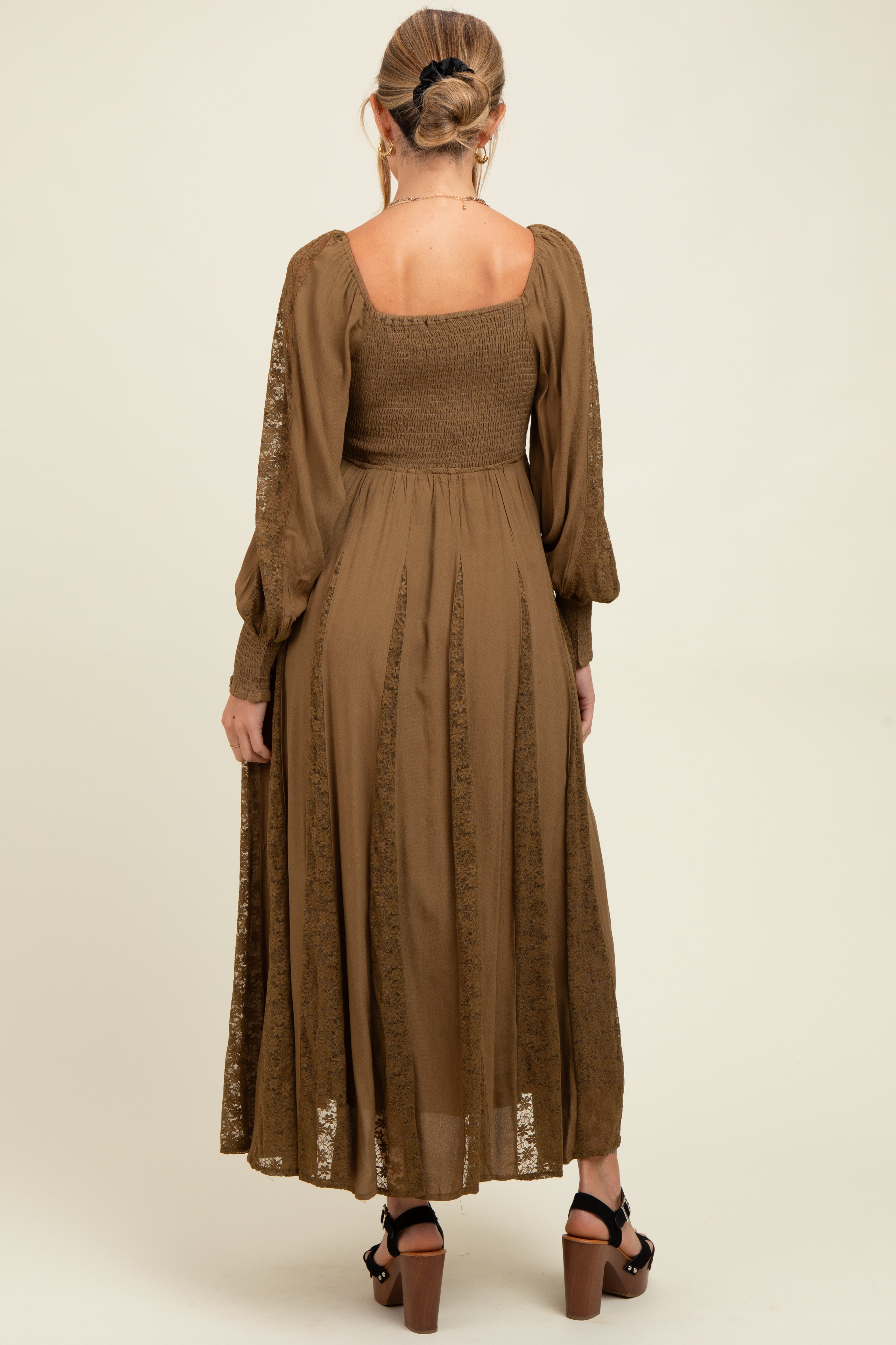brown lace maternity dress Brown Lace Smocked Long Sleeve Off Shoulder Maternity Maxi Dress