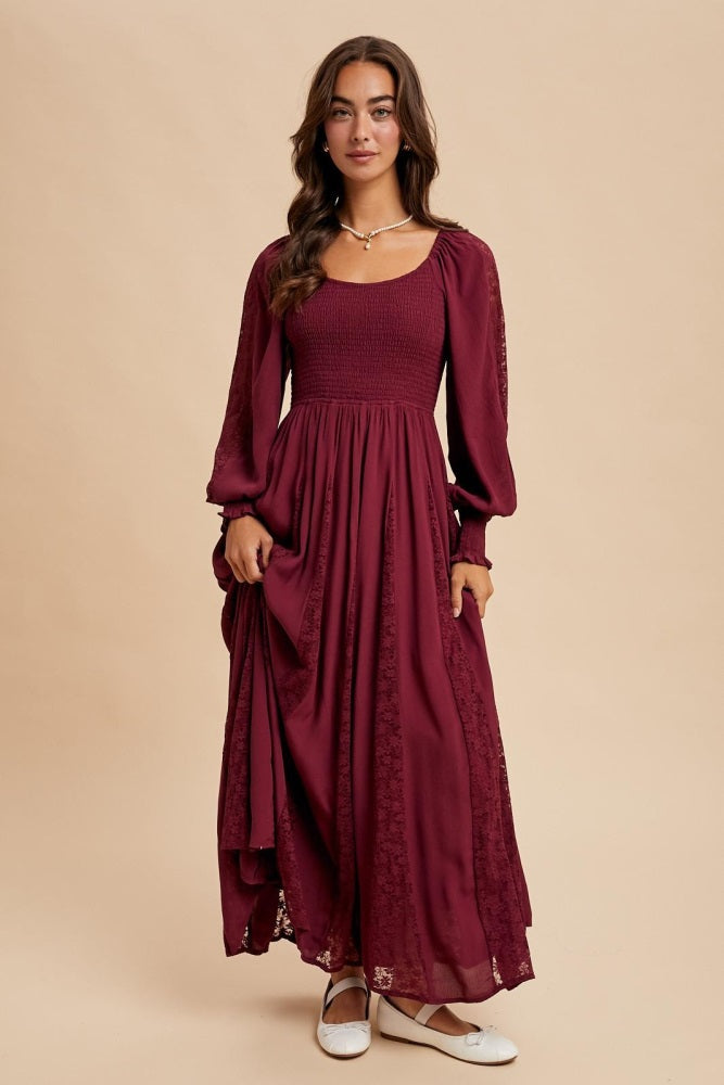 Burgundy Lace Inset Smocked Maxi Dress