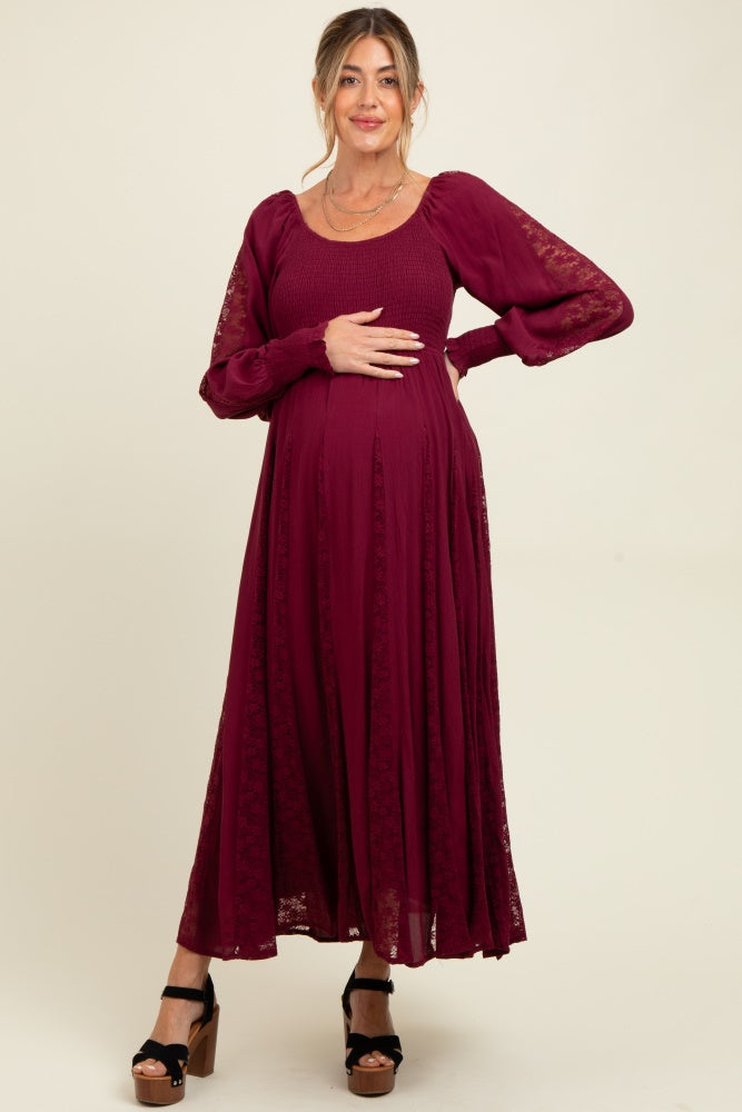 burgundy lace maternity dress Burgundy Waist Cap Lace Maternity Dress