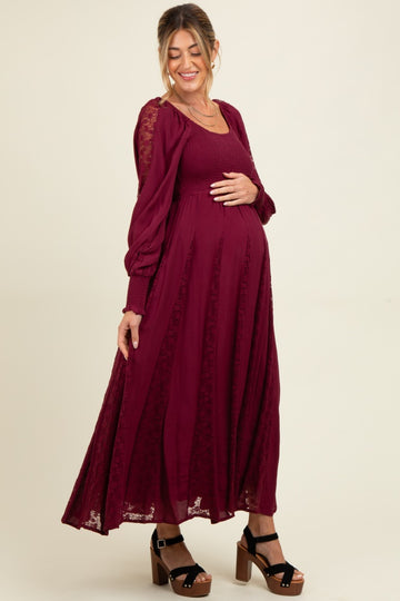 Burgundy Lace Inset Smocked Maternity Maxi Dress