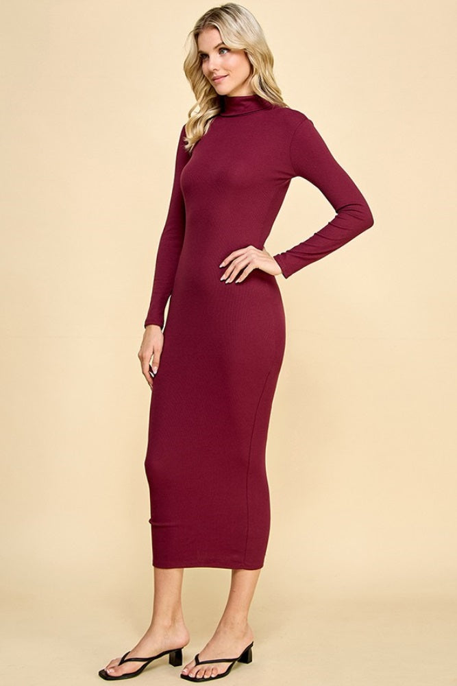 Burgundy Turtle Neck Ribbed Fitted Long Sleeve Maxi Dress Burgundy Turtle Neck Ribbed Fitted Long Sleeve Maxi Dress