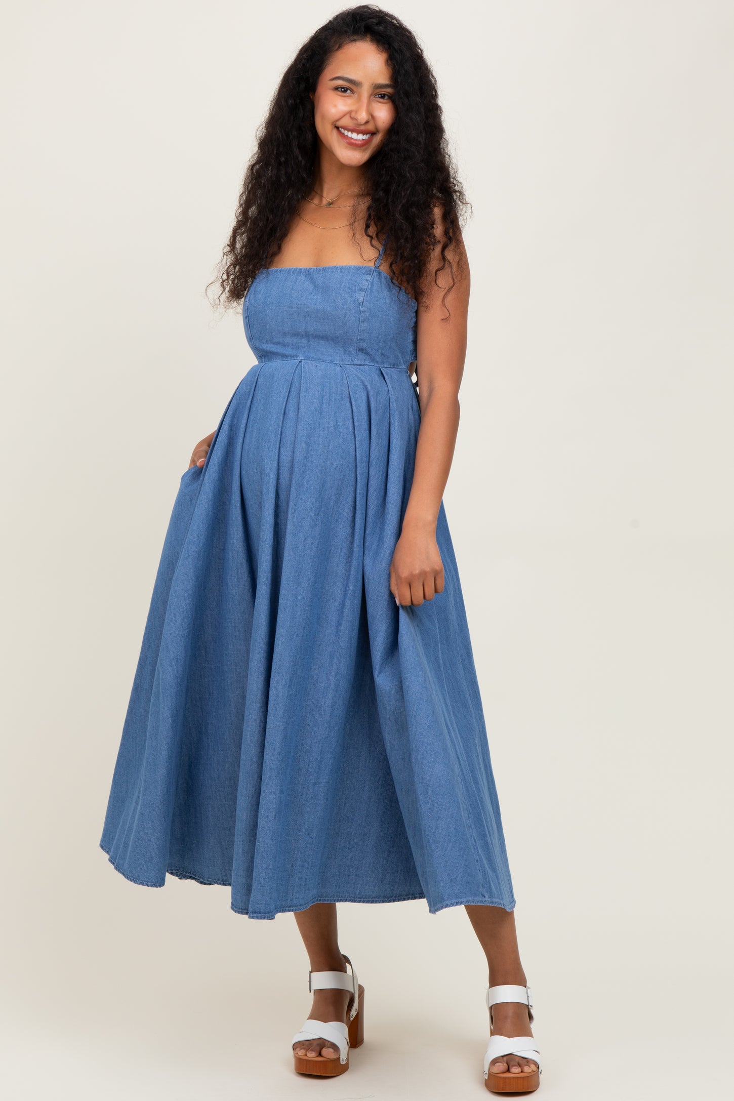 asos maternity denim dress ASOS DESIGN Maternity Blue Denim Smock Dress Women Size 16 Ruffle Shoulder Mini