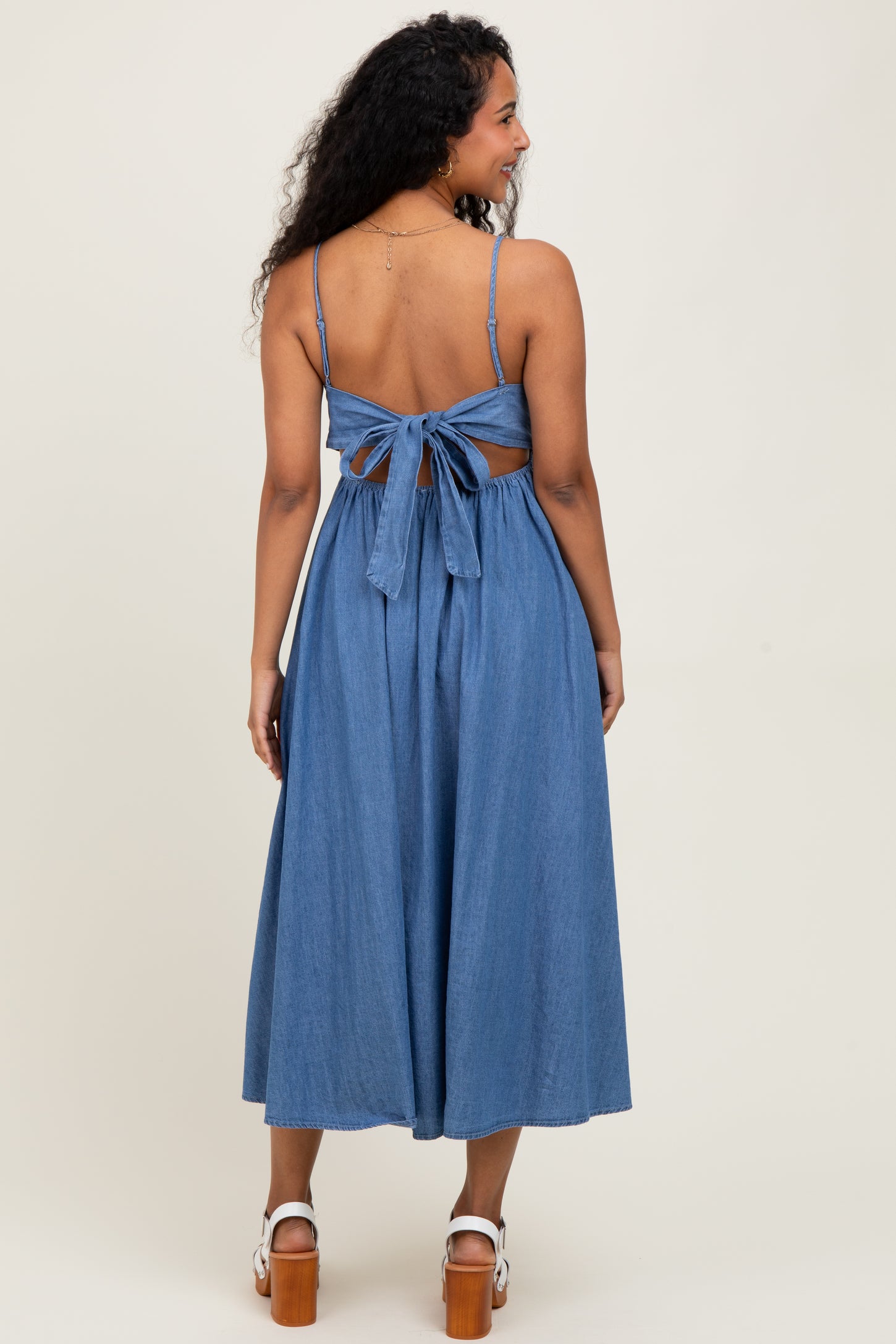 Denim Open Tied Back A-Line Maternity Midi Dress PinkBlush Denim Open Tied Back A-Line Maternity Midi Dress PinkBlush