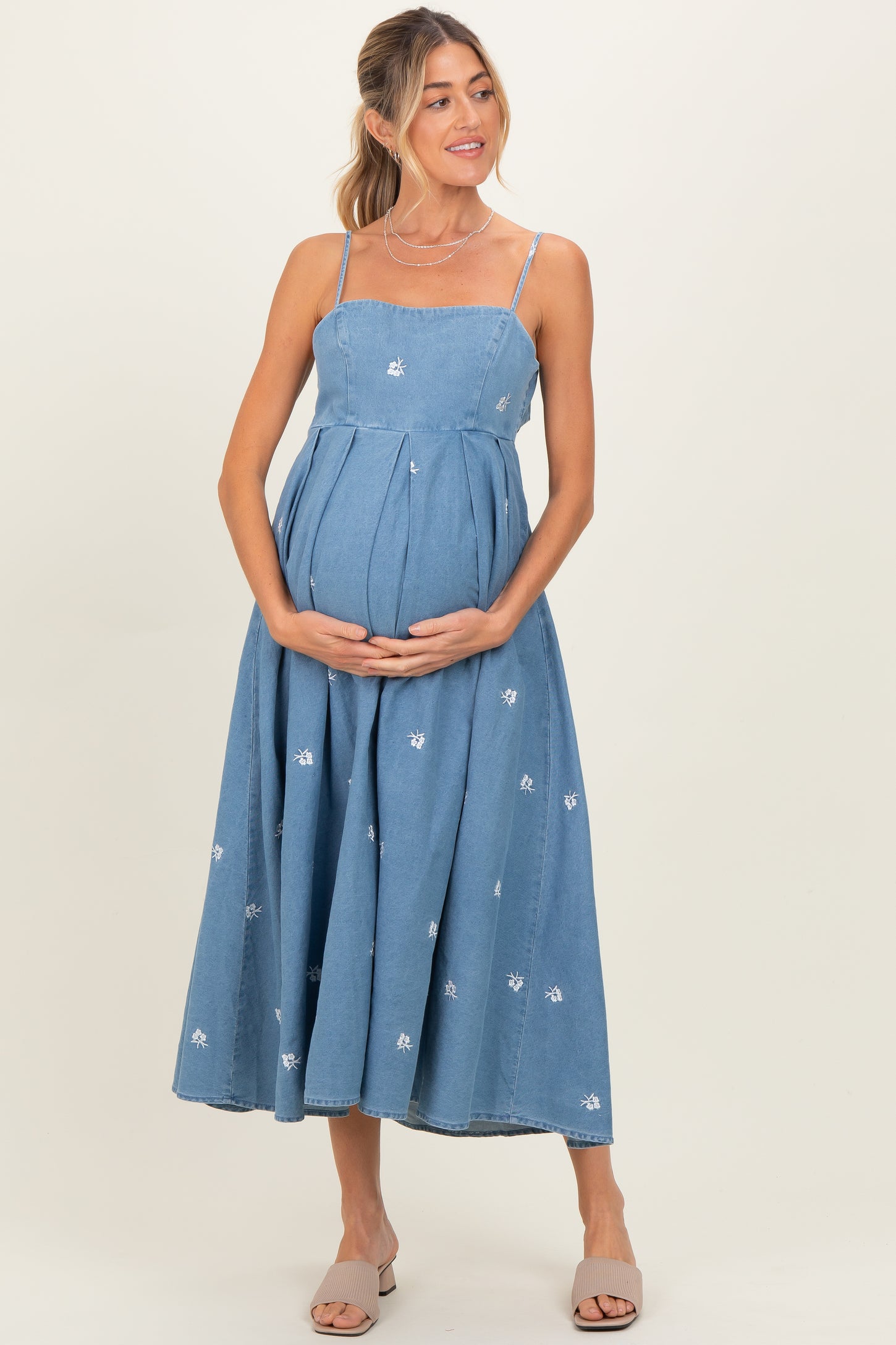 Denim Tied Back Embroidered Maternity Midi Dress PinkBlush Denim Tied Back Embroidered Maternity Midi Dress PinkBlush