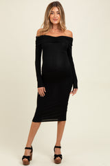 Black Ruched Off Shoulder Maternity Dress