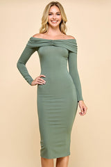 Sage Ruched Off Shoulder Dress