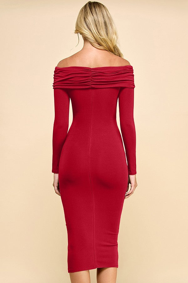 Red Ruched Off Shoulder Dress