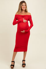 Red Ruched Off Shoulder Maternity Dress