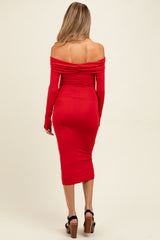 Red Ruched Off Shoulder Maternity Dress