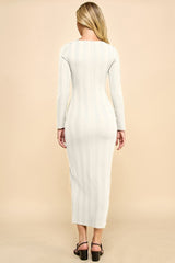 Cream Scoop Neck Long Sleeve Front Slit Maxi Dress