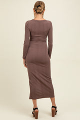 Brown Scoop Neck Long Sleeve Front Slit Maternity Maxi Dress