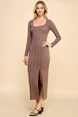 Brown Scoop Neck Long Sleeve Front Slit Maxi Dress