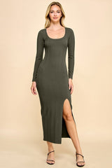 Olive Scoop Neck Long Sleeve Front Slit Maxi Dress