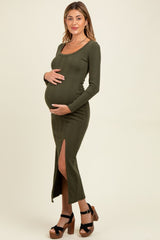 Olive Scoop Neck Long Sleeve Front Slit Maternity Maxi Dress