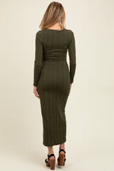 Olive Scoop Neck Long Sleeve Front Slit Maternity Maxi Dress