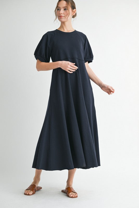 Navy Cotton Pocketed Midi Dress