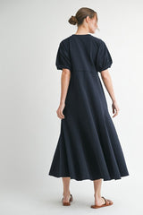 Navy Cotton Pocketed Midi Dress