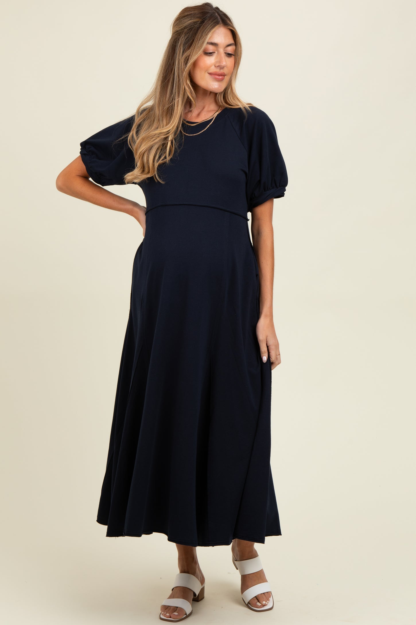 Navy Cotton Pocketed Maternity Midi Dress