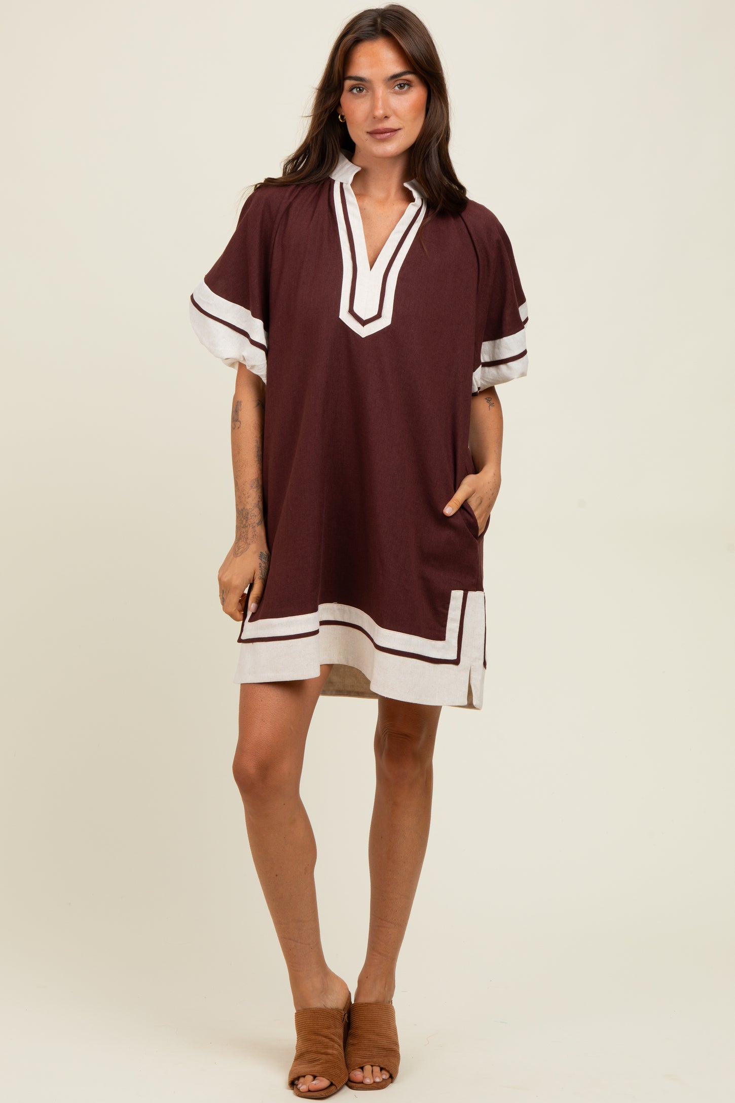 Brown Colorblock Border Print Maternity Mini Shift Dress Brown Colorblock Border Print Maternity Mini Shift Dress