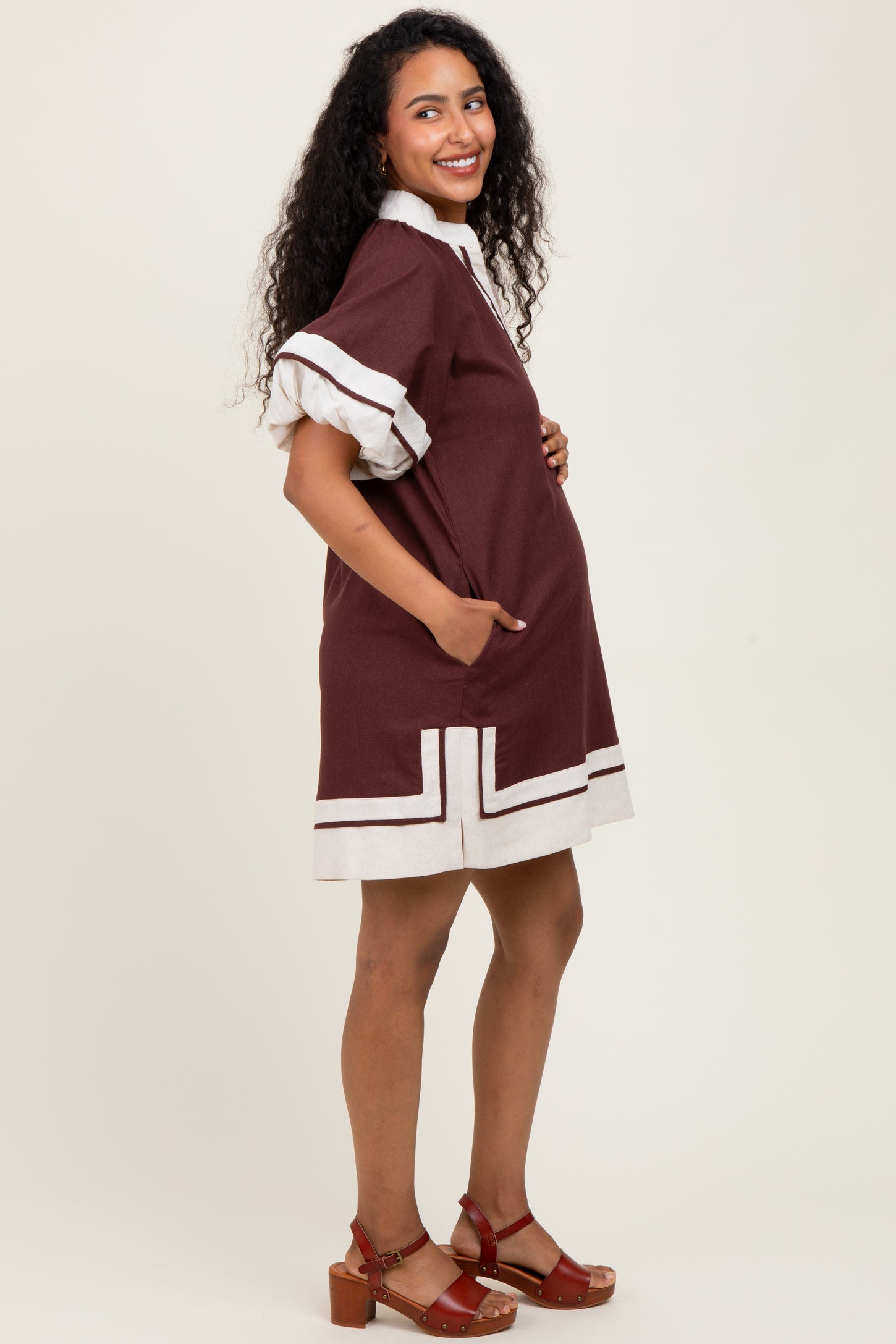 Brown Colorblock Border Print Maternity Mini Shift Dress Brown Colorblock Border Print Maternity Mini Shift Dress