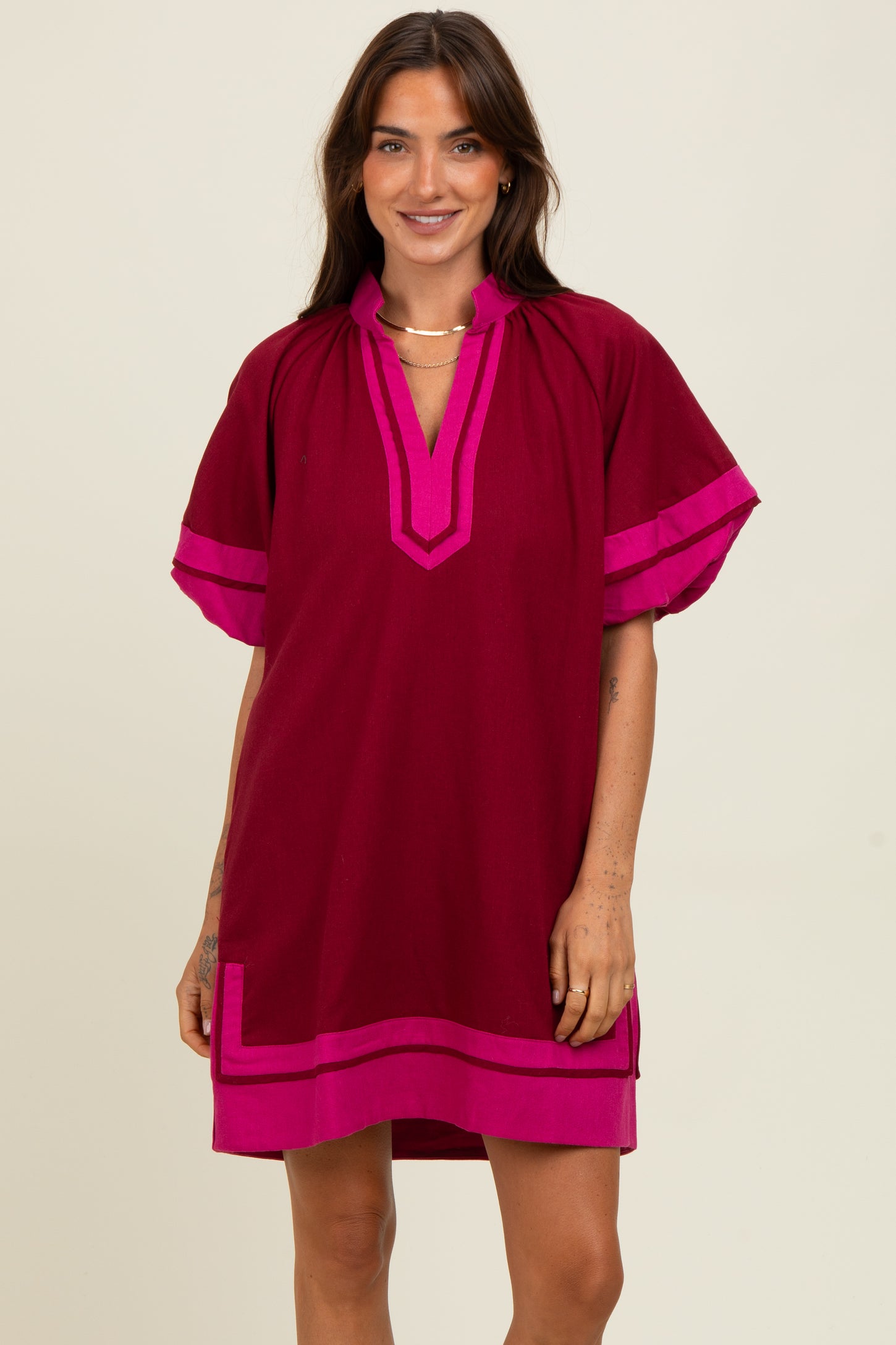 Burgundy Colorblock Border Print Mini Shift Dress