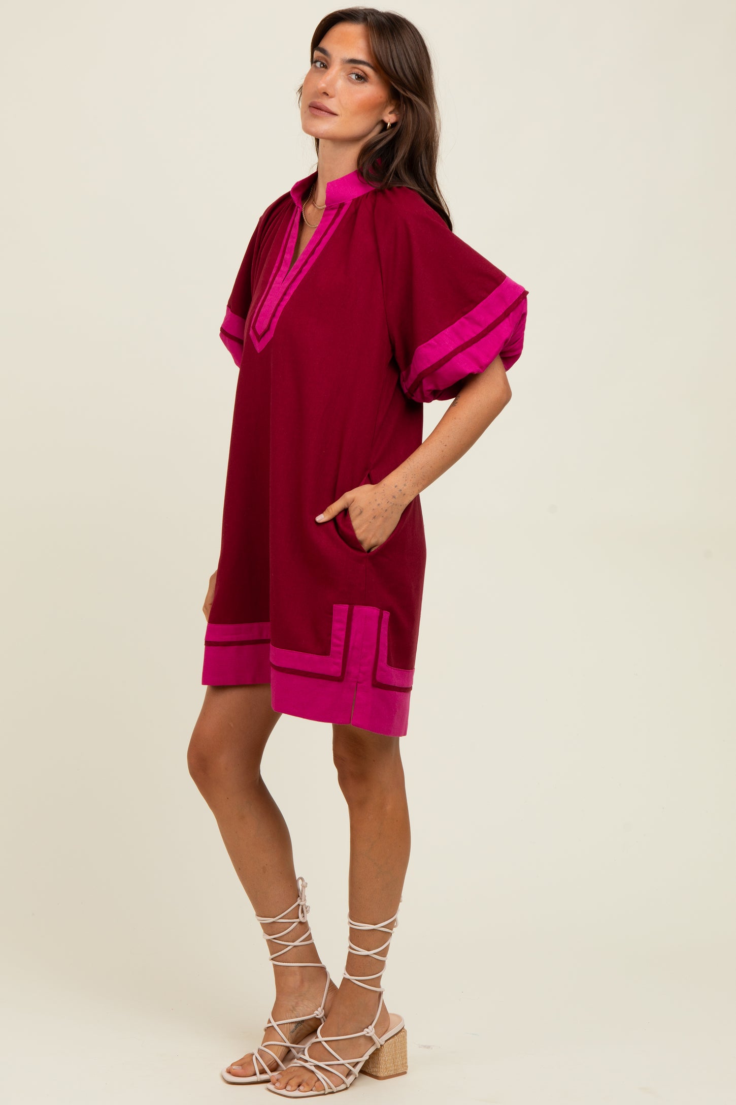 Burgundy Colorblock Border Print Mini Shift Dress