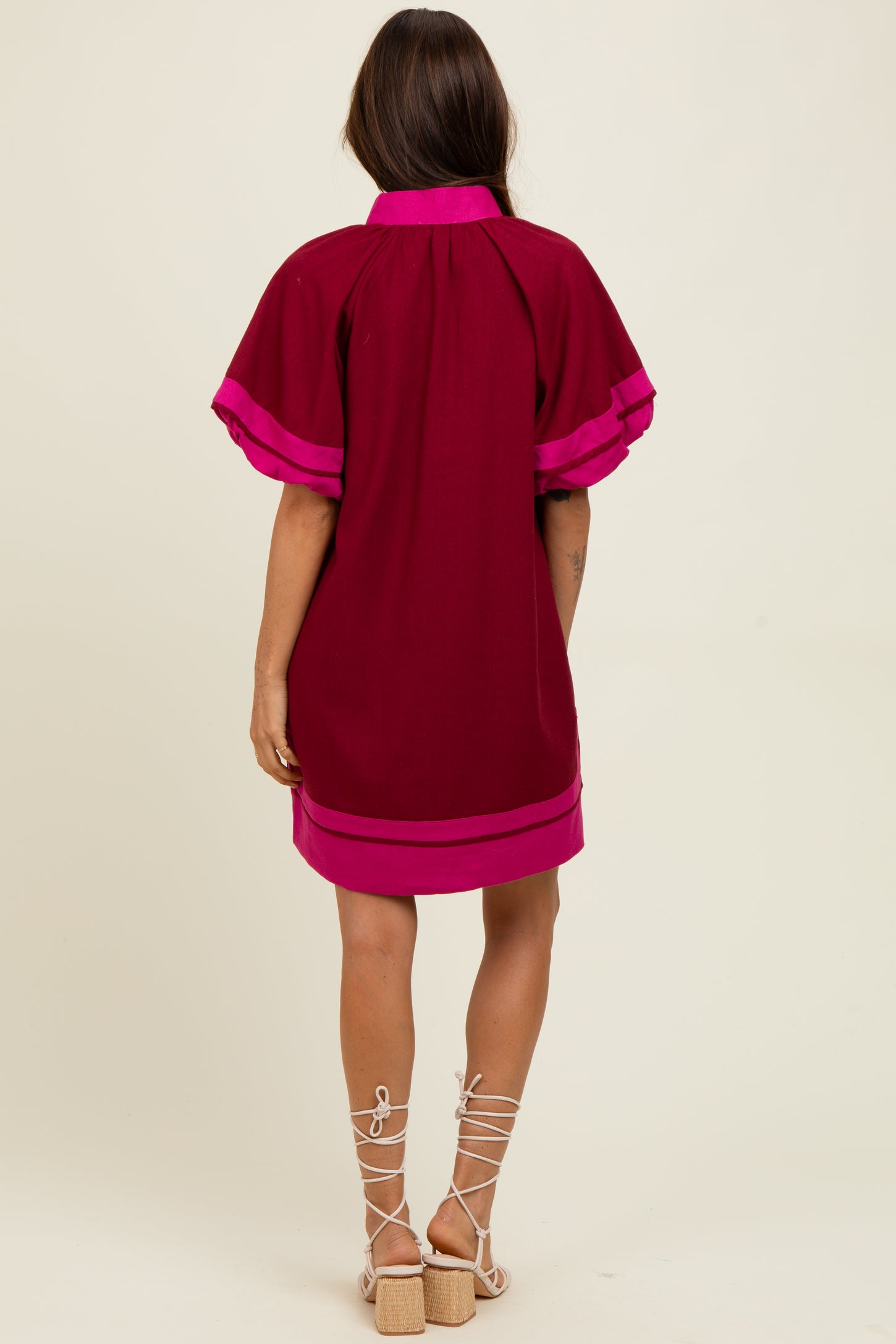 Burgundy Colorblock Border Print Mini Shift Dress