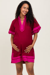 Burgundy Colorblock Border Print Maternity Mini Shift Dress