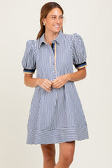Navy Blue Striped Puff Sleeve Maternity Mini Shirt Dress