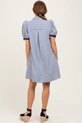 Navy Blue Striped Puff Sleeve Mini Shirt Dress