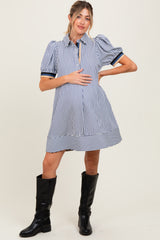 Navy Blue Striped Puff Sleeve Maternity Mini Shirt Dress