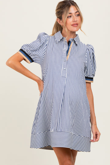 Navy Blue Striped Puff Sleeve Maternity Mini Shirt Dress