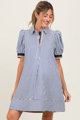 Navy Blue Striped Puff Sleeve Maternity Mini Shirt Dress