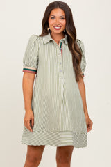 Light Olive Striped Puff Sleeve Maternity Mini Shirt Dress
