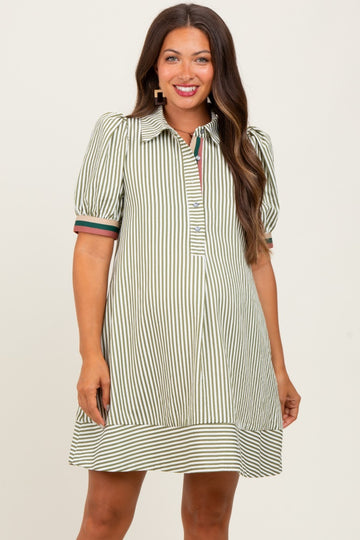 Light Olive Striped Puff Sleeve Maternity Mini Shirt Dress