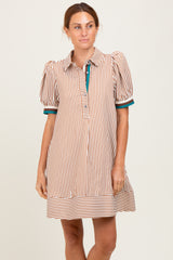 Camel Striped Puff Sleeve Mini Shirt Dress