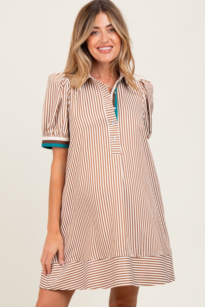 Camel Striped Puff Sleeve Maternity Mini Shirt Dress