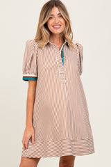 Camel Striped Puff Sleeve Maternity Mini Shirt Dress