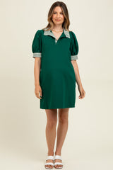 Forest Green Mock Neck Contrast Striped Trim Maternity Mini Dress