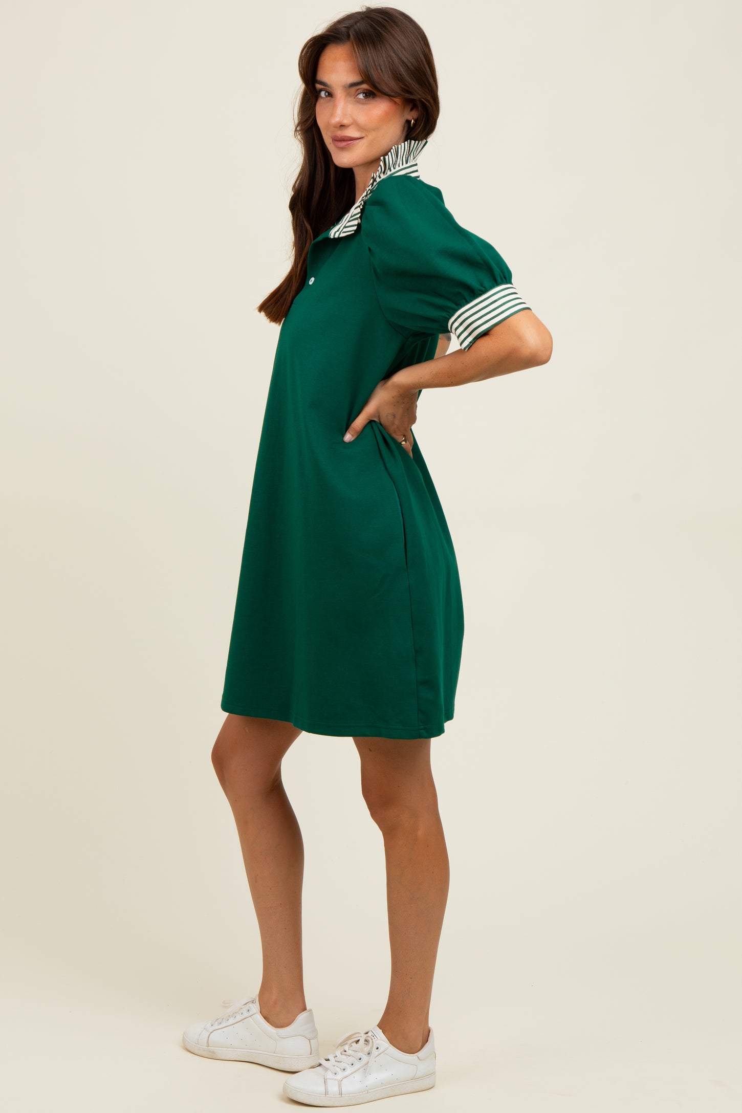 Forest Green Mock Neck Contrast Striped Trim Mini Dress