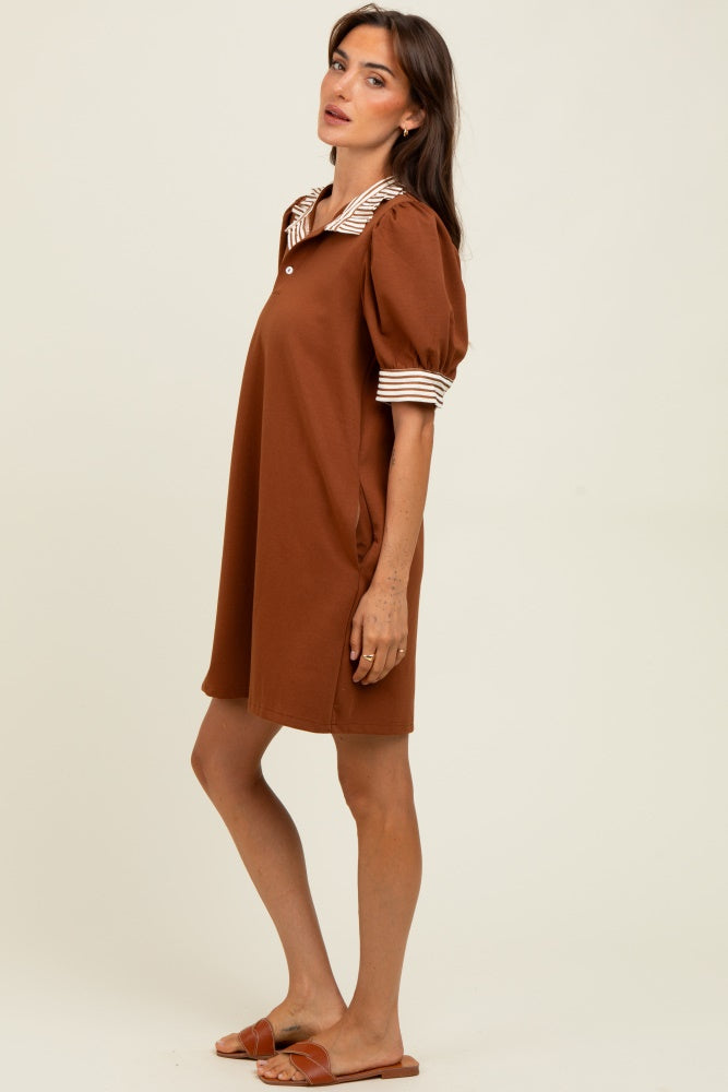 Mocha Mock Neck Contrast Striped Trim Mini Dress