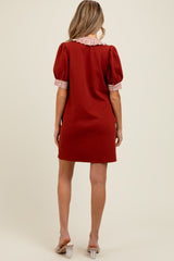 Rust Mock Neck Contrast Striped Trim Maternity Mini Dress