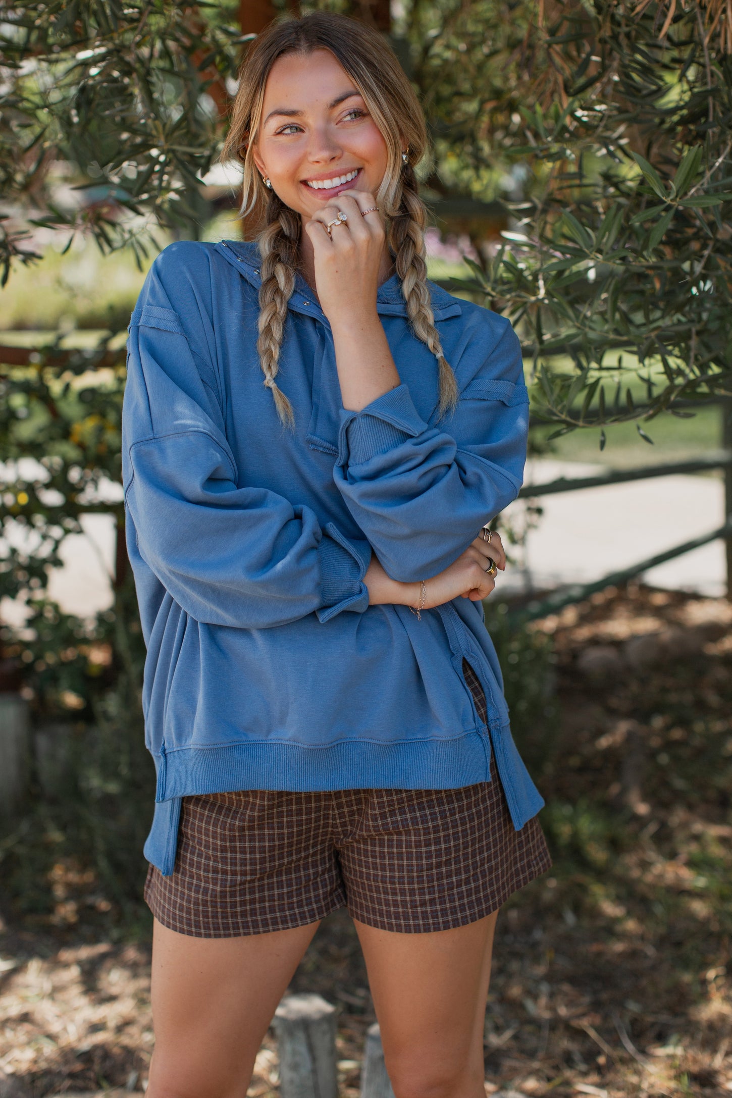 Blue Snap Button Pullover Henley Sweatshirt