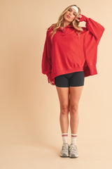 Red Snap Button Pullover Henley Sweatshirt