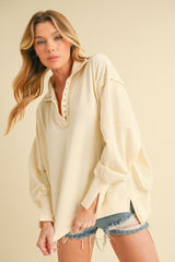 Cream Snap Button Pullover Henley Maternity Sweatshirt
