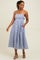 Blue Striped Embroidered Tie Back Cutout Midi Dress