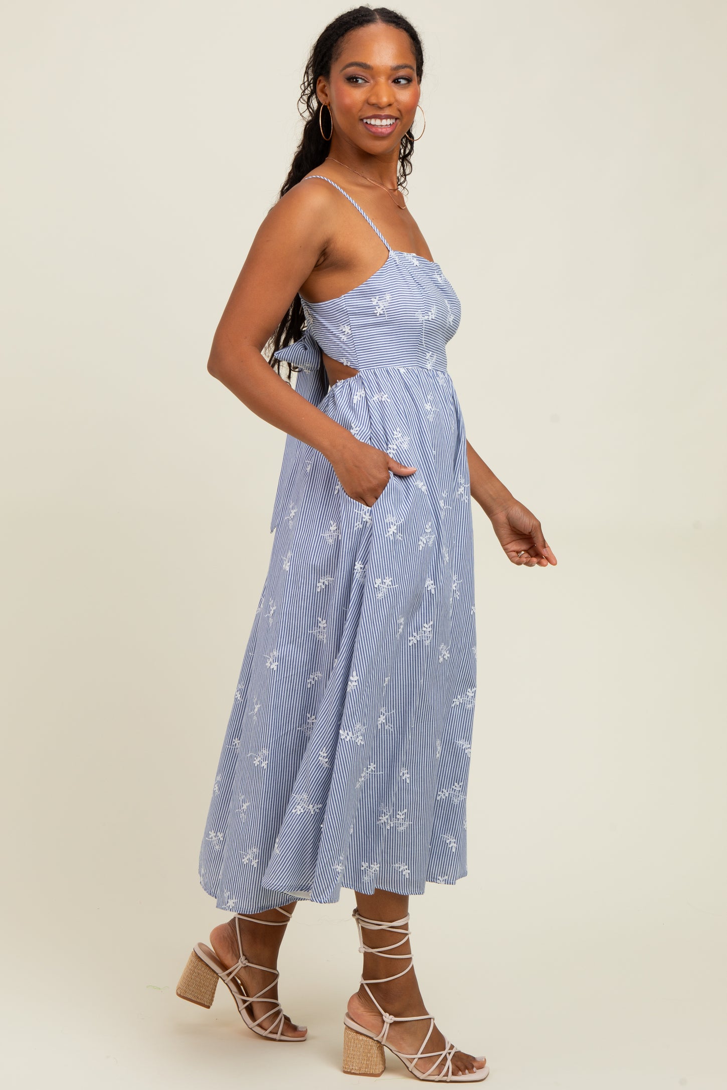FLYING TOMATO Embroidered Stripe Midi Dress - Ivory Blue
