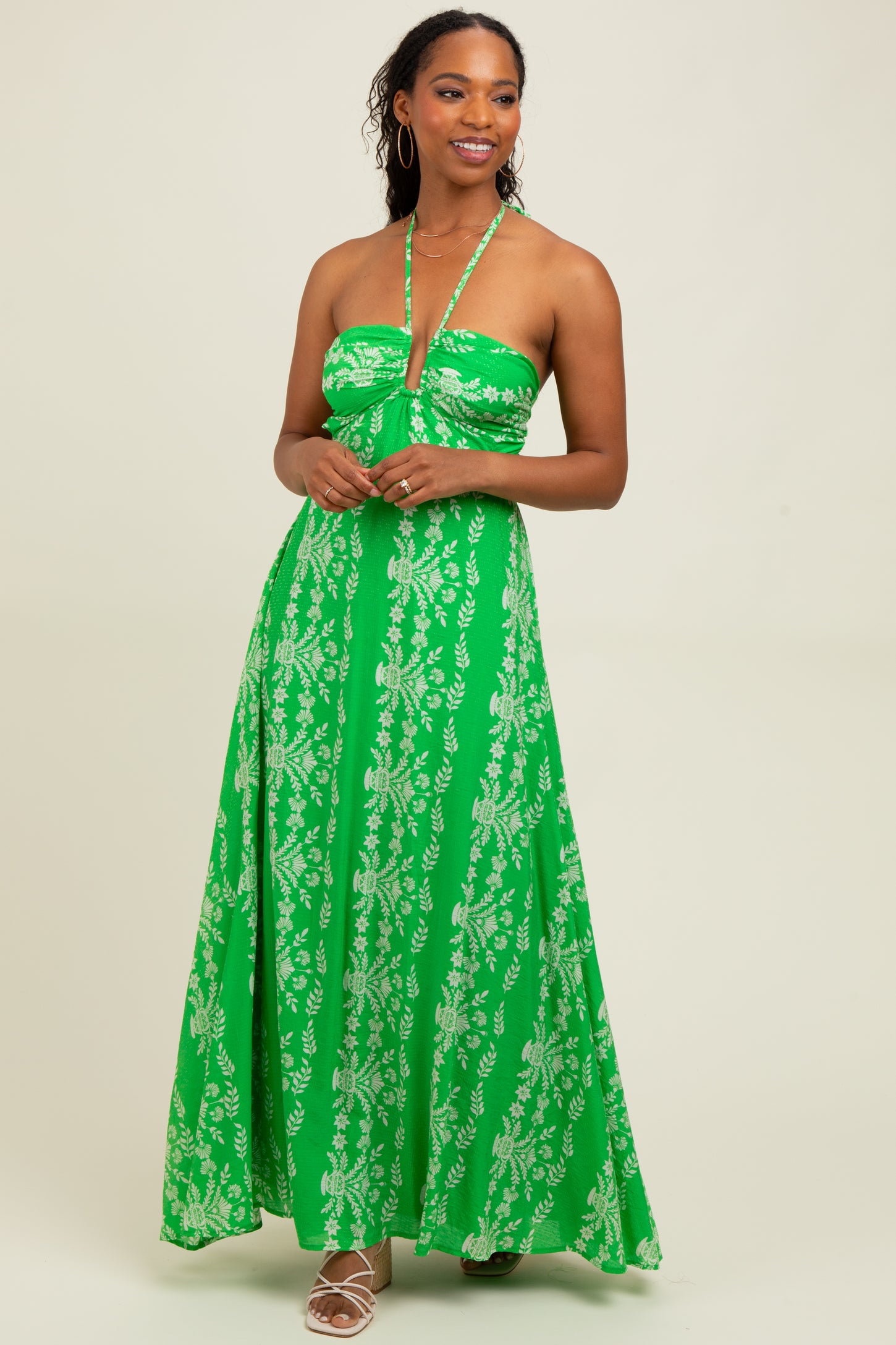 Green Floral Halter Tie Back Cutout Maternity Maxi Dress