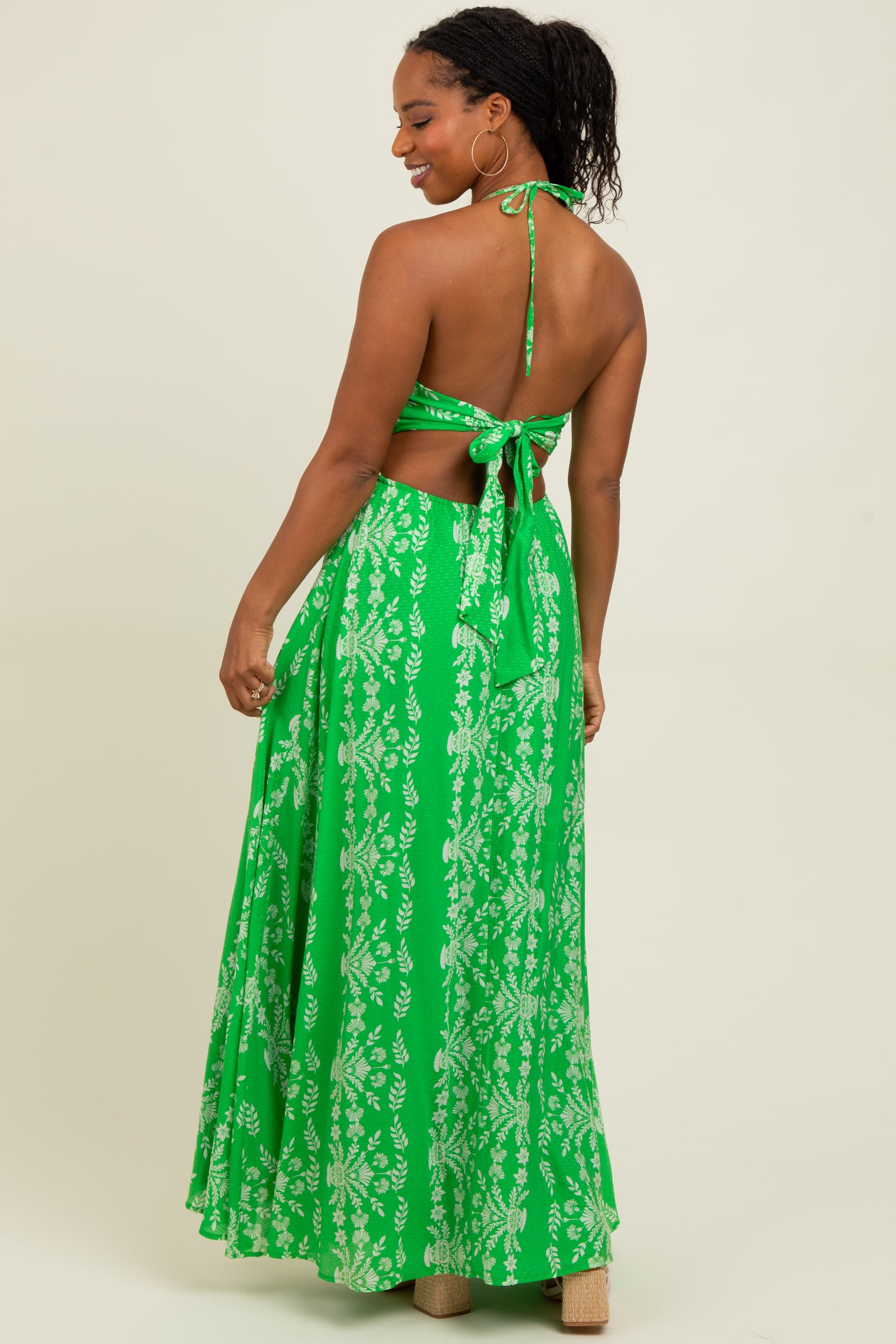 Green Floral Halter Tie Back Cutout Maxi Dress PinkBlush Green Floral Halter Tie Back Cutout Maxi Dress PinkBlush