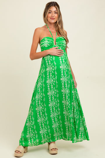Green Floral Halter Tie Back Cutout Maternity Maxi Dress